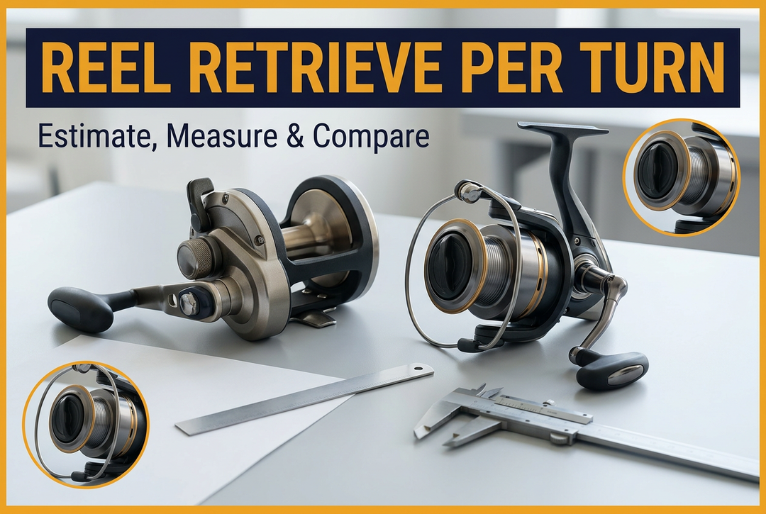 Reel Retrieve Per Turn cover showing generic conventional and spinning reels beside a measuring strip and caliper, with spool-detail insets and indigo and gold framing.