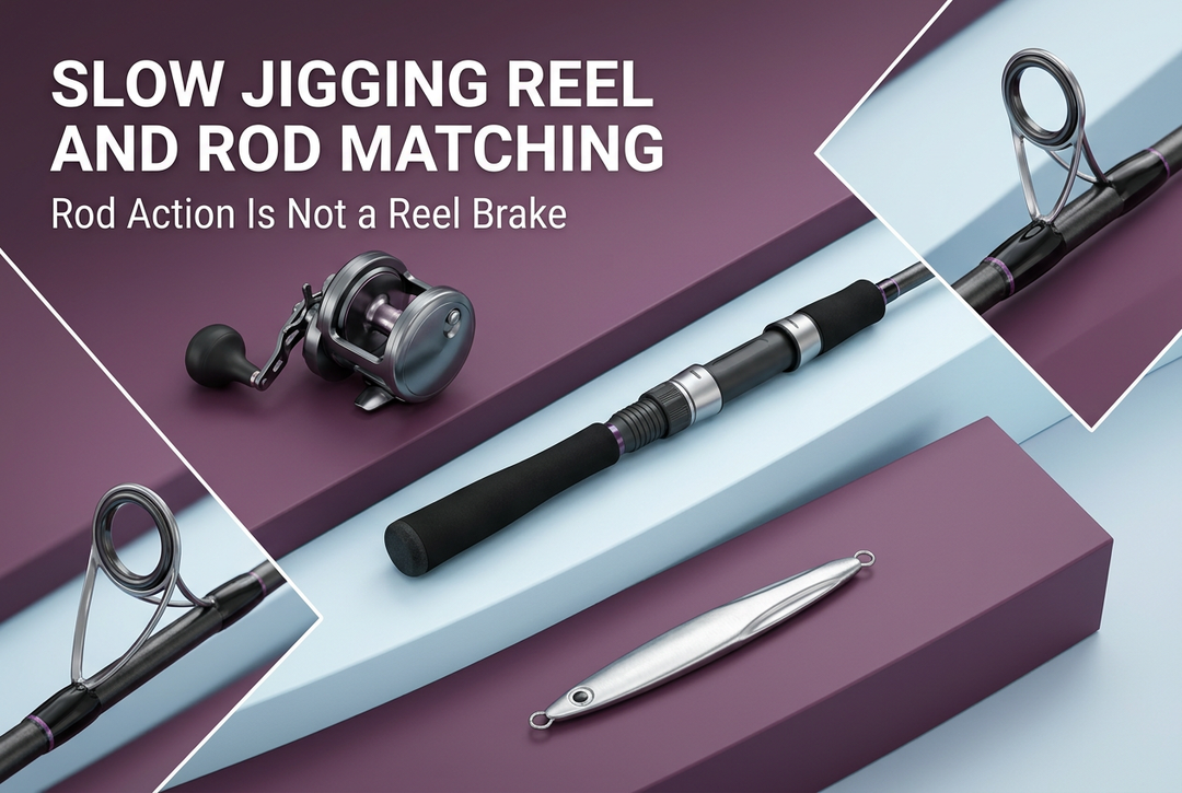 Slow jigging reel and rod matching guide with a conventional reel, unloaded rod handle, guide details and metal jig on plum and pale blue display surfaces.