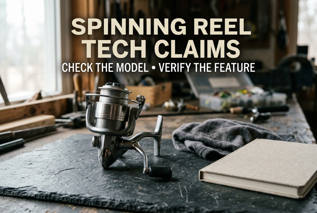 Photorealistic generated workshop scene with a generic spinning reel, cloth and notebook under natural window light, reading Spinning Reel Tech Claims.