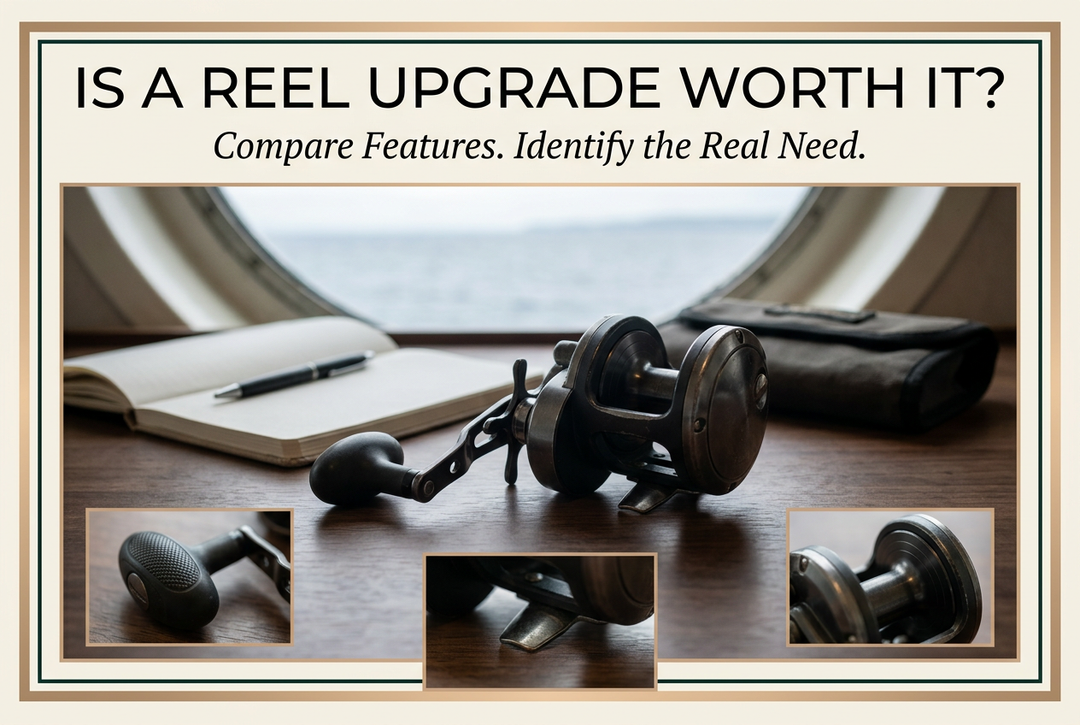English jigging reel upgrade guide showing a conventional reel on a walnut inspection table with handle, reel foot and spool detail insets.
