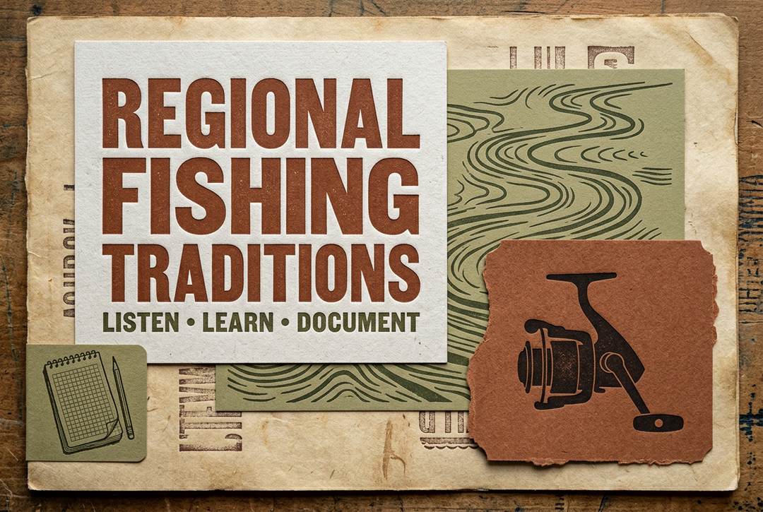 Russet, olive and parchment editorial collage with a notebook, abstract waterway lines and generic reel silhouette under Regional Fishing Traditions: Listen, Learn, Document.