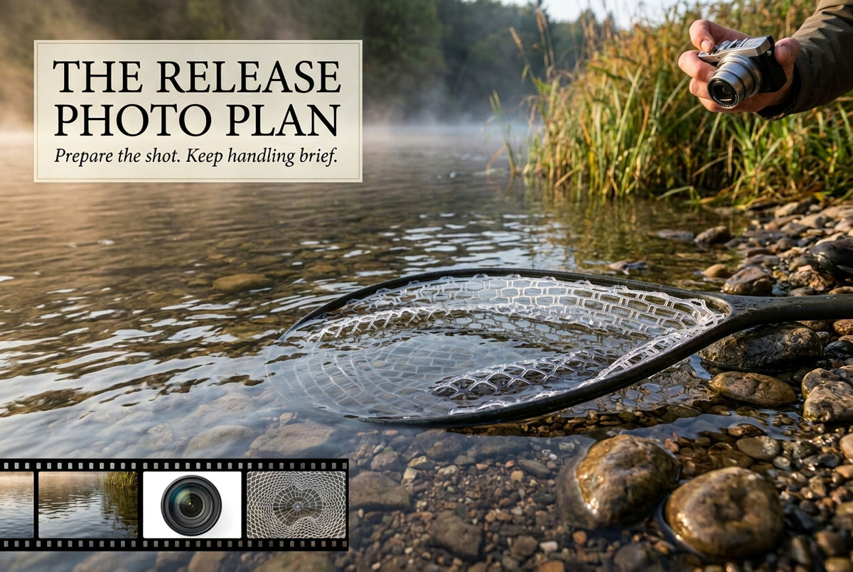Empty landing net partly immersed at a quiet riverbank with a camera ready nearby, under The Release Photo Plan.