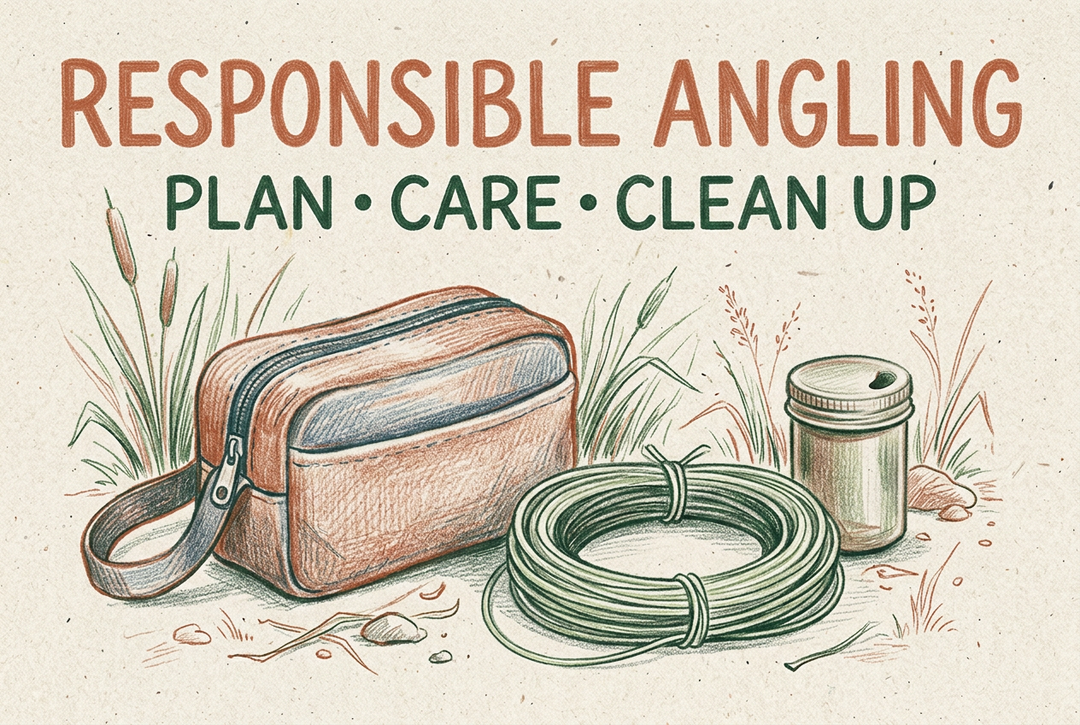 Colored-pencil illustration of a generic tackle pouch, coiled line, lidded container and reeds beneath Responsible Angling: Plan, Care, Clean Up.