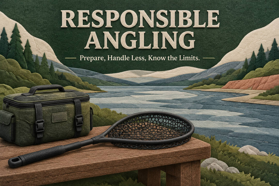 Responsible Angling English cover with a closed tackle bag and empty landing net on a bench beside a conceptual river in forest-green felt illustration style.