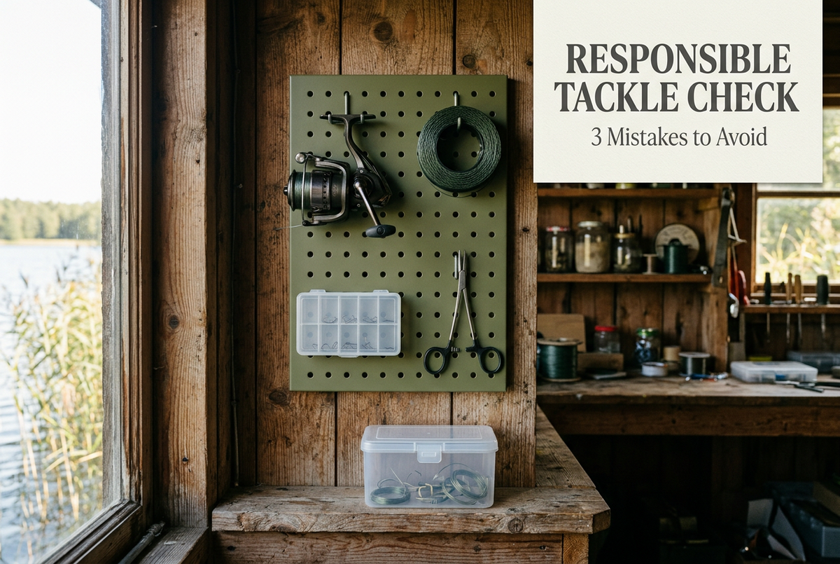 Responsible Tackle Check cover showing a boathouse pegboard with a reel, coiled line, hook tray and tools beside a waste collection container.