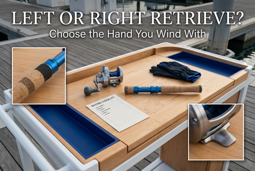 Generic conventional reel, unloaded handle assembly, gloves and checklist on a blue and maple table beneath Left or Right Retrieve? Choose the Hand You Wind With.