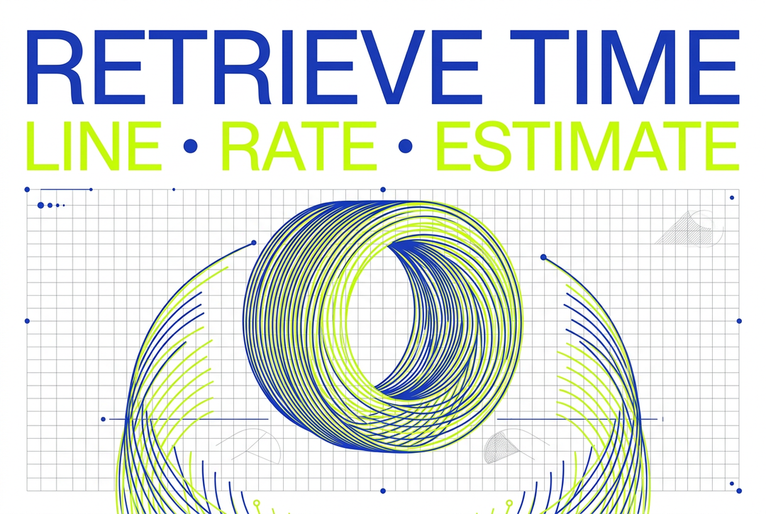 Abstract blue and lime line spool on a grid with Retrieve Time lettering