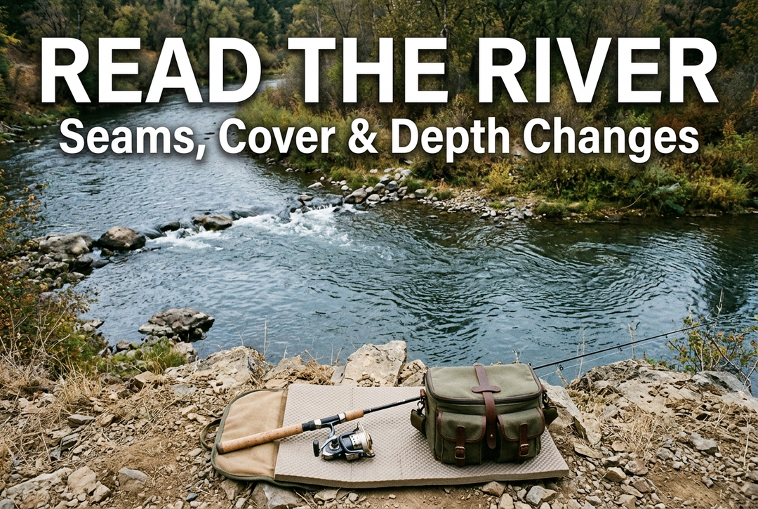 Read the River cover showing a river bend, boulders and changing surface flow, with a generic spinning outfit and tackle bag on a bank-side mat.