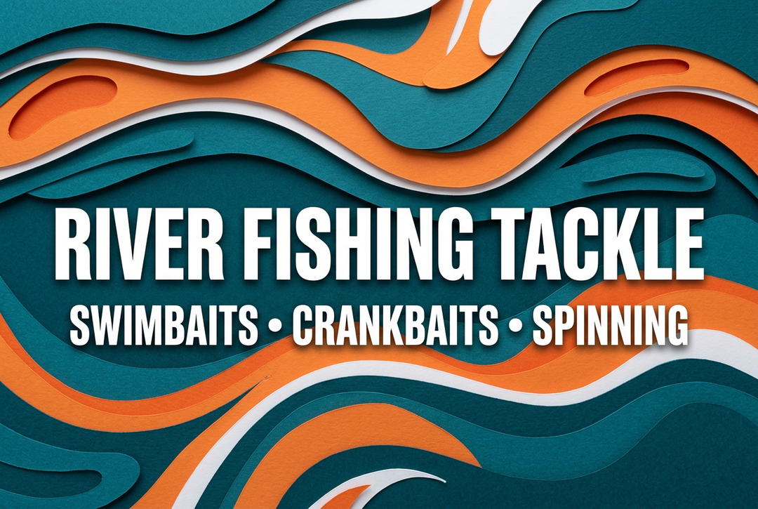 Teal, tangerine and white layered-paper river waves beneath River Fishing Tackle: Swimbaits, Crankbaits, Spinning.