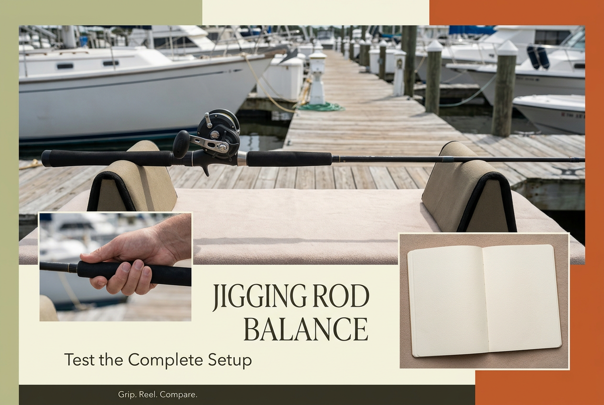 Marina fitting station with an overhead rod and reel on two padded supports, grip and notebook insets, and the headline Jigging Rod Balance.