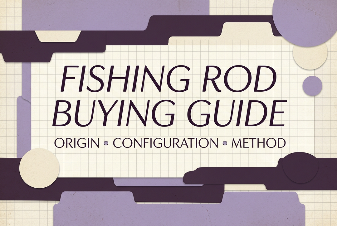 Lavender and aubergine abstract paper tabs on cream graph paper with Fishing Rod Buying Guide: Origin, Configuration, Method.