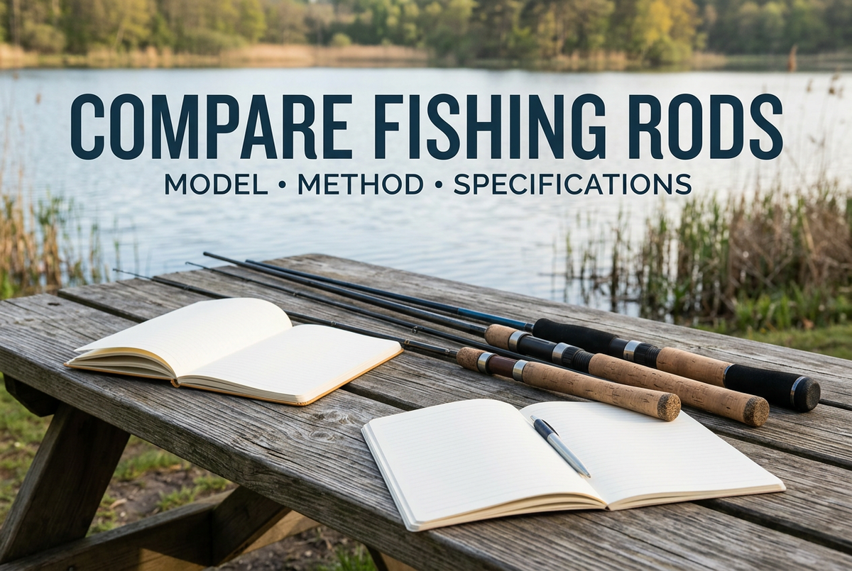 Photorealistic generated lakeside scene of generic rods and blank comparison notebooks on a wooden table, reading Compare Fishing Rods: Model, Method, Specifications.