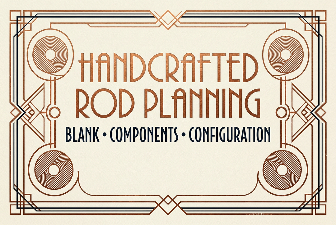 Copper and ivory Art Deco cover with thread-spool motifs reading Handcrafted Rod Planning: Blank, Components, Configuration.
