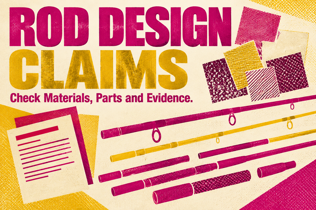 Rod Design Claims English cover with conceptual material swatches, rod sections and a document in magenta-and-mustard halftone print style.