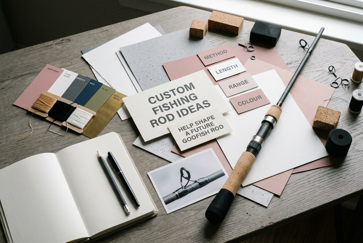Custom Fishing Rod Ideas cover with photo-style proposal cards, generic cork and EVA grip details, colour swatches, rod guide image and blank notebook on a grey-pink planning desk.