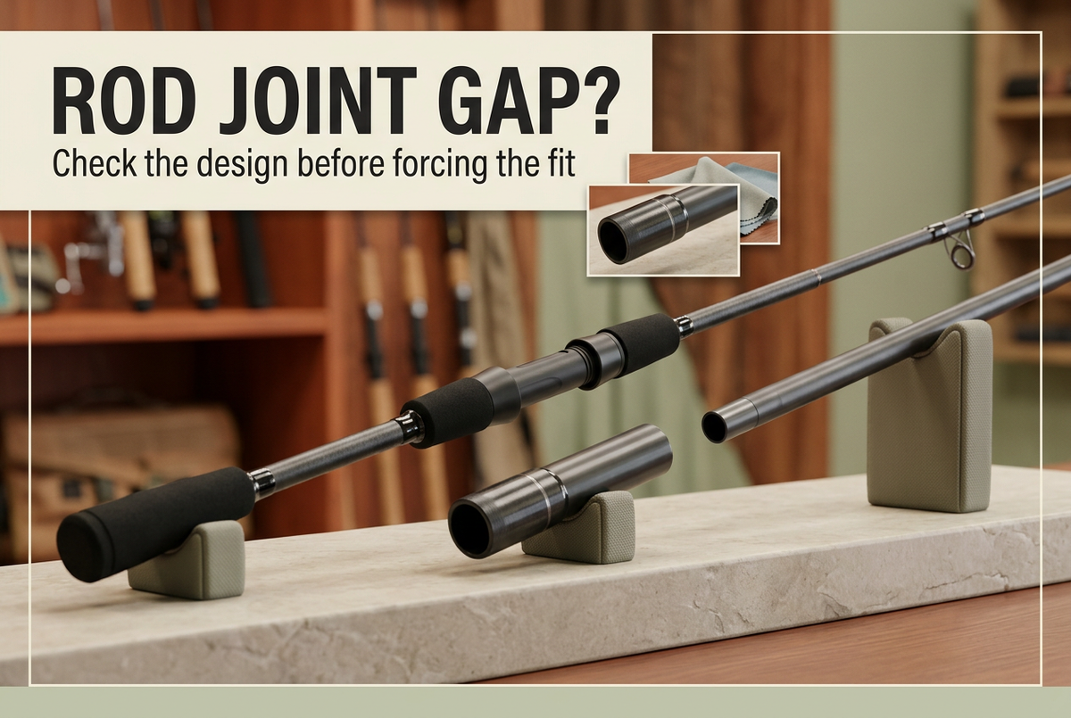 Separated fishing rod sections on padded supports under Rod Joint Gap? Check the design before forcing the fit.