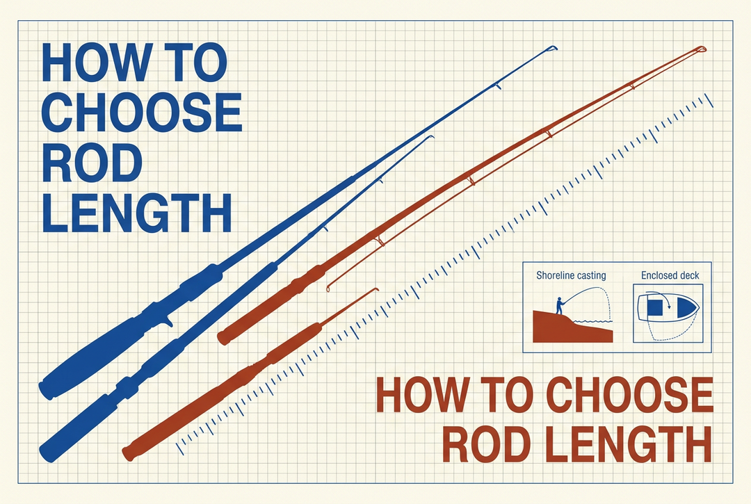 Blue and rust-red technical-style poster with fishing rod silhouettes, ruler marks and the heading How to Choose Rod Length.