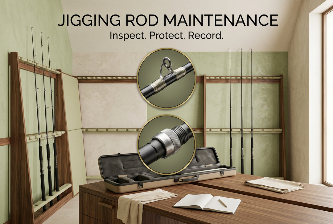 Rod storage racks, open protective case, guide and seat details and notebook in a walnut and pale-green room, titled Jigging Rod Maintenance.