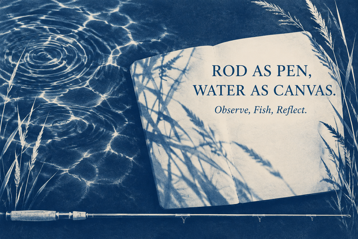 Rod as Pen, Water as Canvas cover with blue ripples, reed silhouettes, a notebook motif and a fishing rod in a cyanotype-inspired composition.