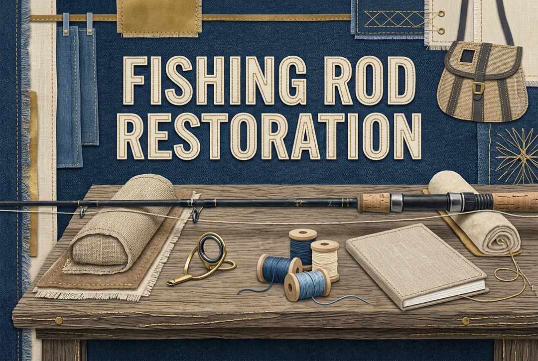 Denim-blue and linen-textured workshop illustration with a rod on padded supports, thread spools and the heading Fishing Rod Restoration.