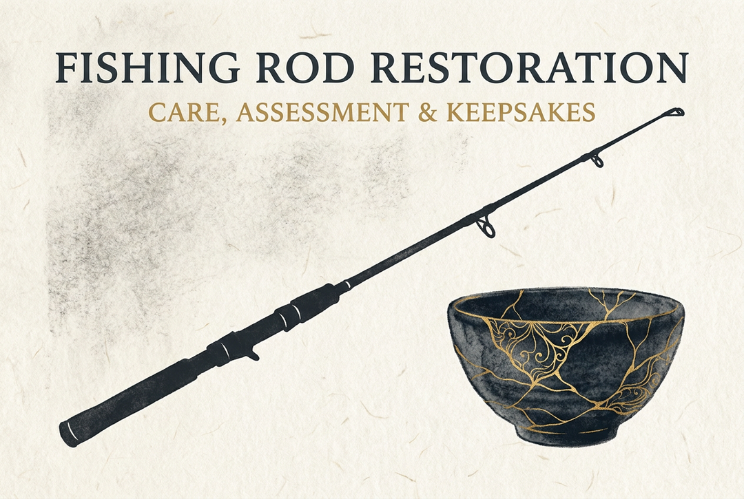 Cream, charcoal and gold editorial illustration of an intact generic fishing rod beside a separate gold-veined bowl, titled Fishing Rod Restoration.