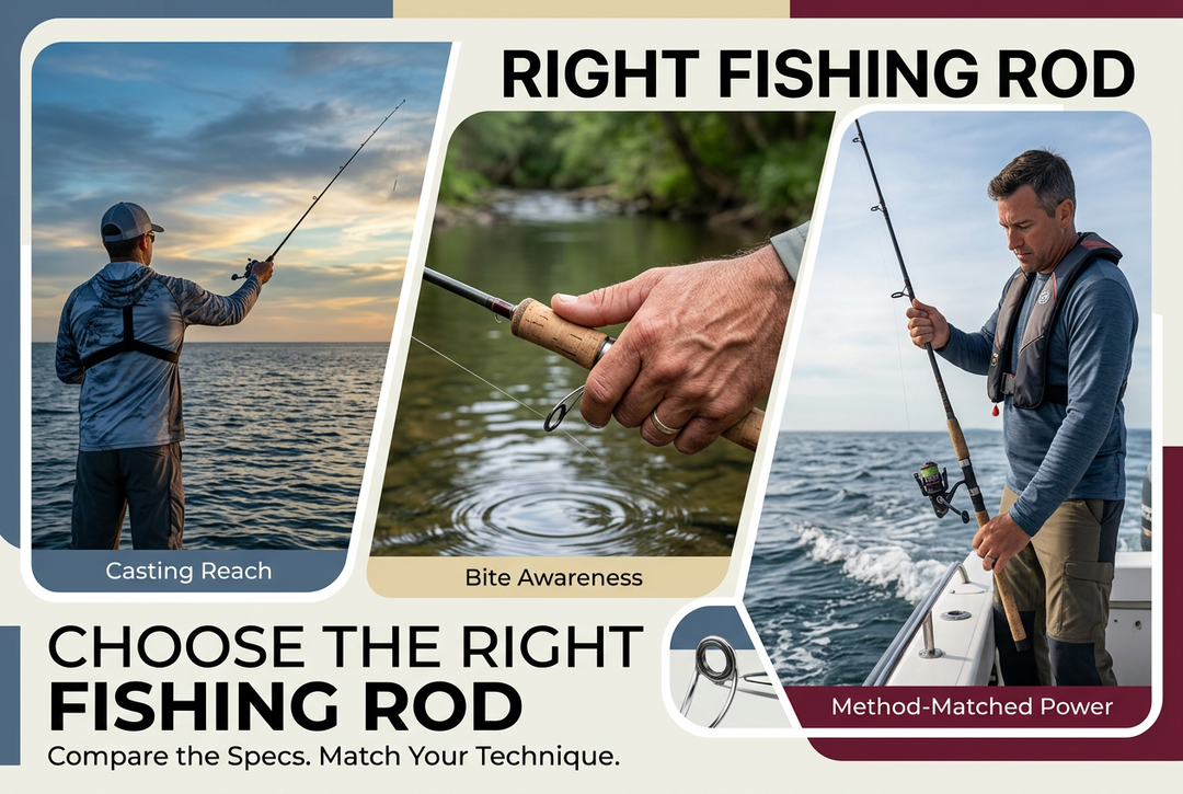 Photo-style fishing rod selection cover combining a shore-casting scene, a creek-side grip close-up and a boat angler, with casting reach, bite awareness and power labels.