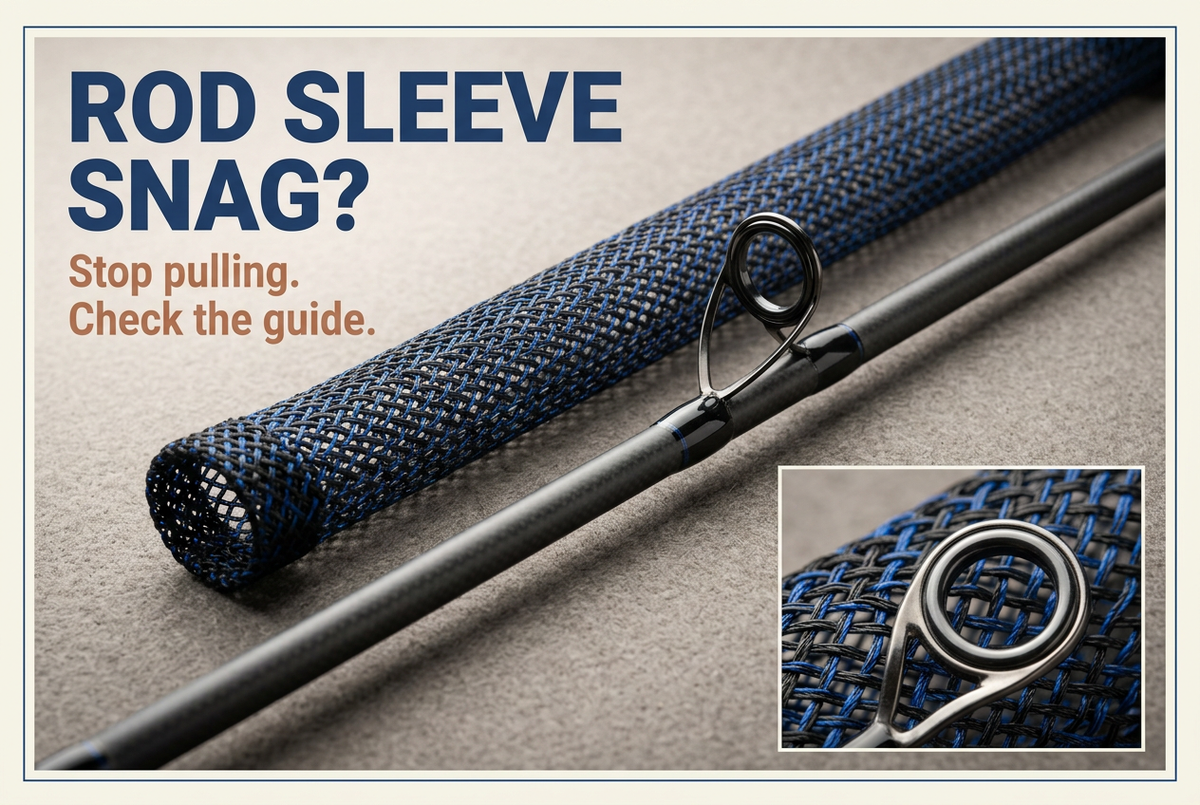Blue and black mesh rod sleeve beside a fishing rod guide on a gray surface, with the English heading Rod Sleeve Snag?