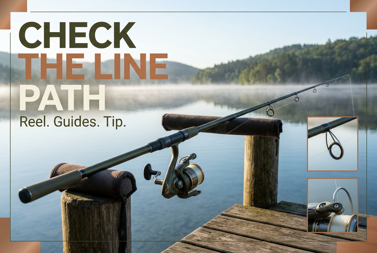 Spinning rod supported beside a lake with close-up insets of a guide ring and reel bail for line-path checks