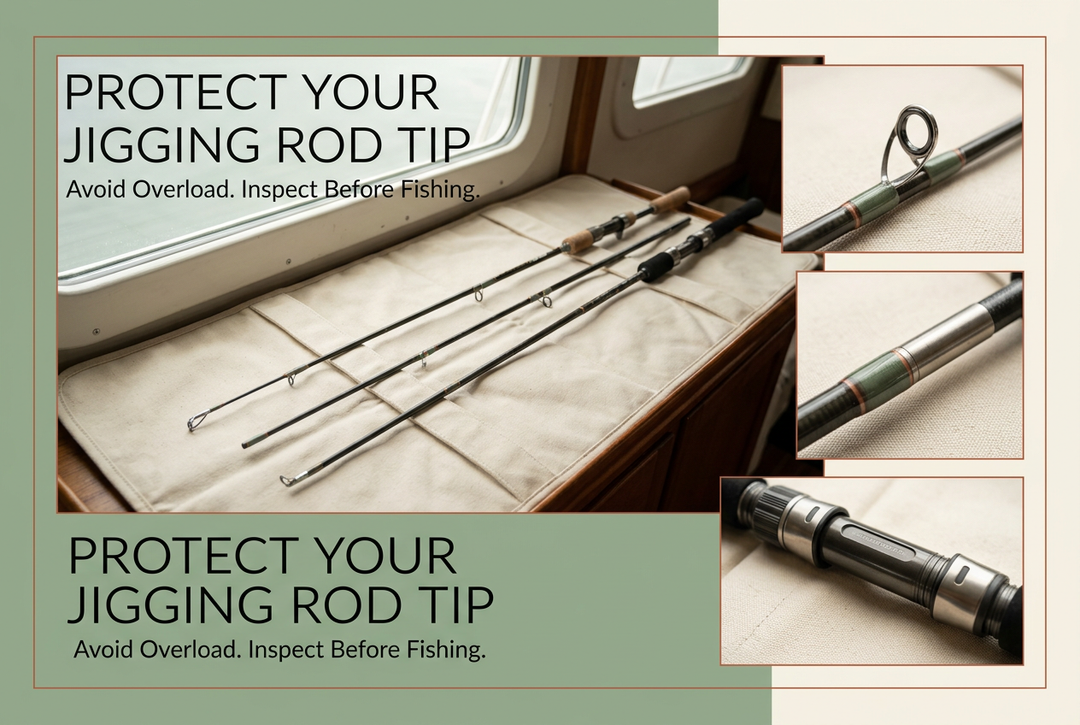 Protect your jigging rod tip guide showing unloaded rod sections on a padded cabin bench with guide, joint and reel-seat close-ups.