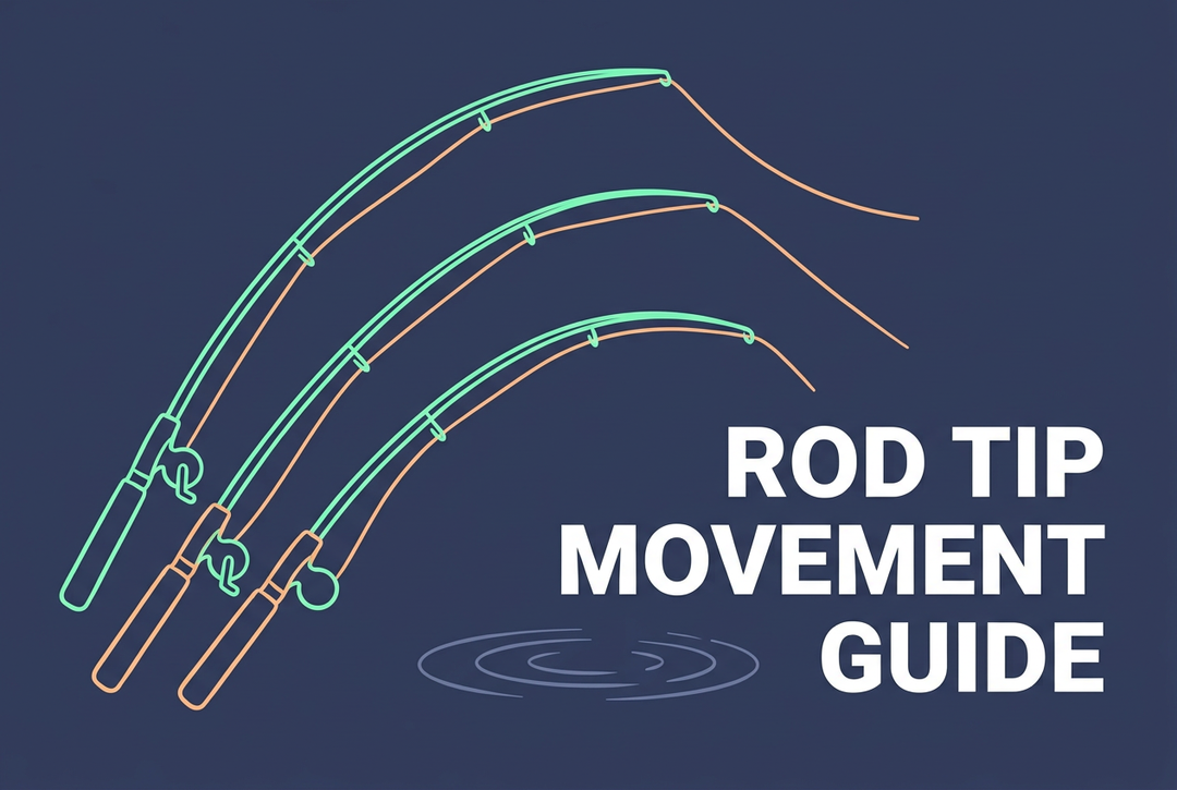 Mint and orange line drawings of rods in different positions on a dark blue background titled Rod Tip Movement Guide.