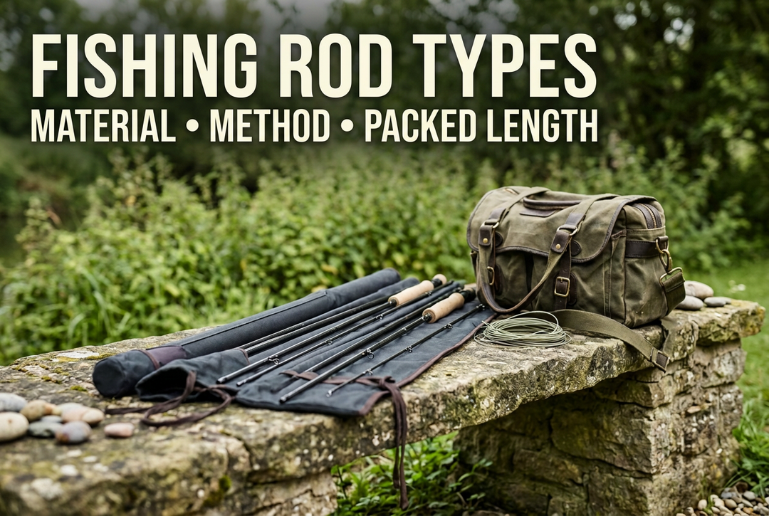 Photorealistic generated outdoor scene of rod sections and a canvas bag on a stone bench, with Fishing Rod Types: Material, Method, Packed Length.