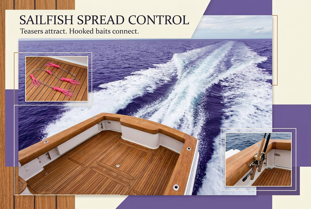 Teak fishing-boat cockpit facing a purple-blue ocean wake with pink teaser and stowed-rod insets, headed Sailfish Spread Control.