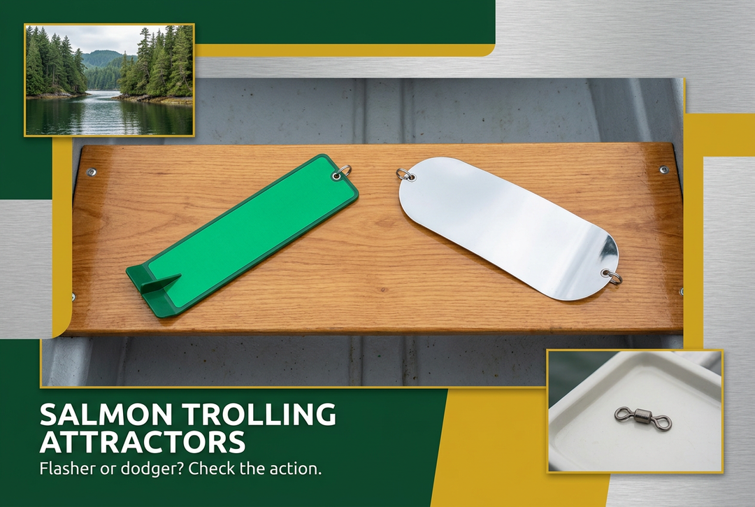 Green finned attraction plate and curved silver plate on a boat bench with inlet and swivel insets, headed Salmon Trolling Attractors: Flasher or dodger? Check the action.