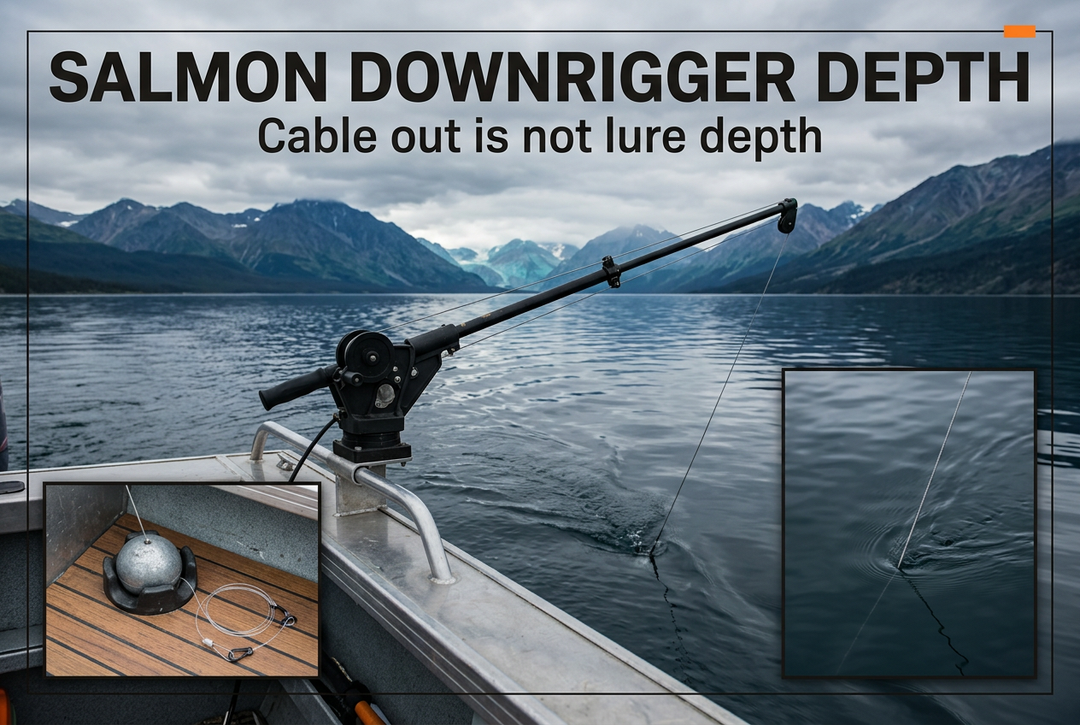 Boat-mounted downrigger on a cold mountain lake with cable-entry and secured-weight insets, headed Salmon Downrigger Depth.