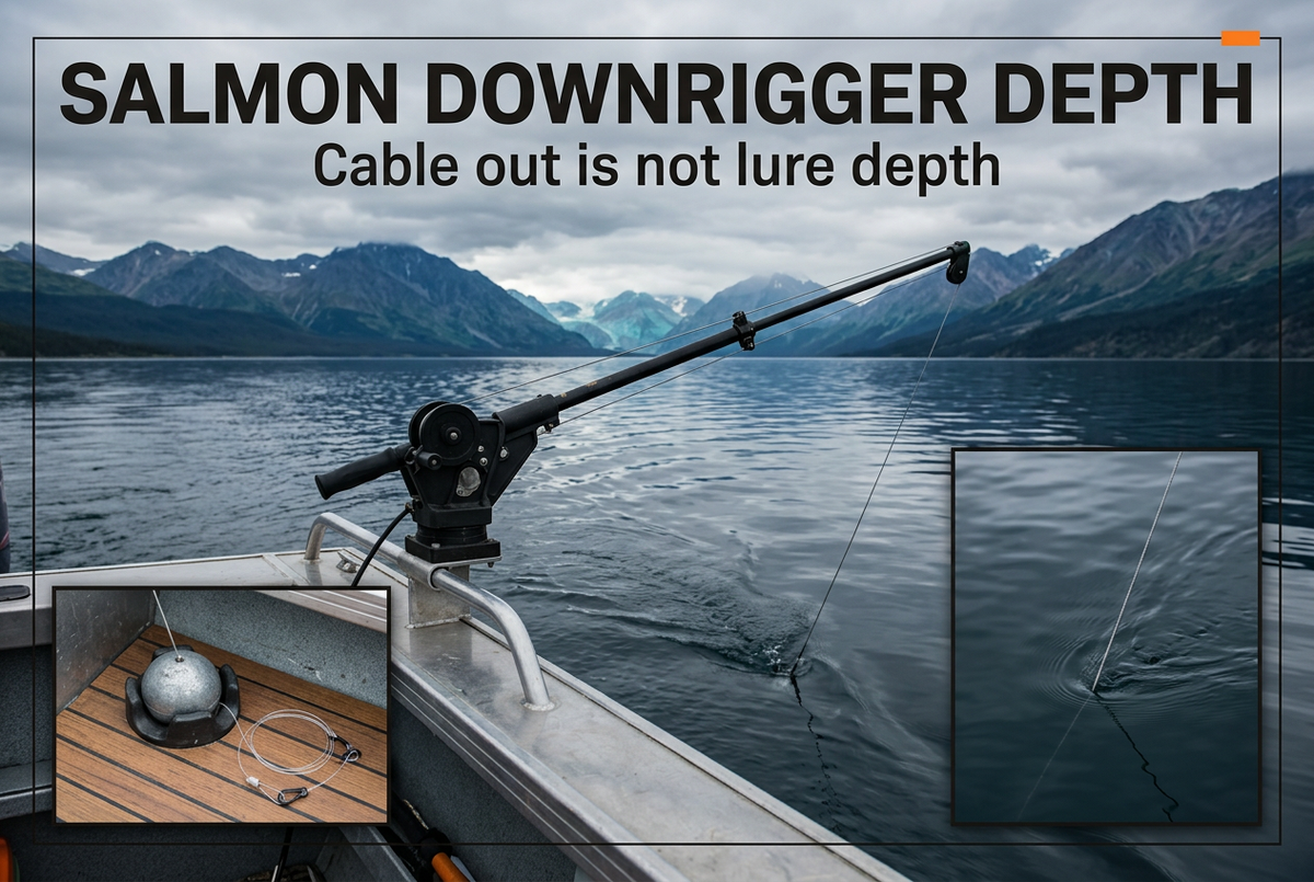 Boat-mounted downrigger on a cold mountain lake with cable-entry and secured-weight insets, headed Salmon Downrigger Depth.