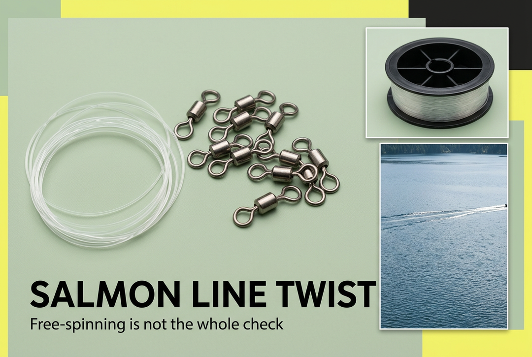 Loose fishing swivels and clear line loops with spool and lake-wake insets, headed Salmon Line Twist: Free-spinning is not the whole check.