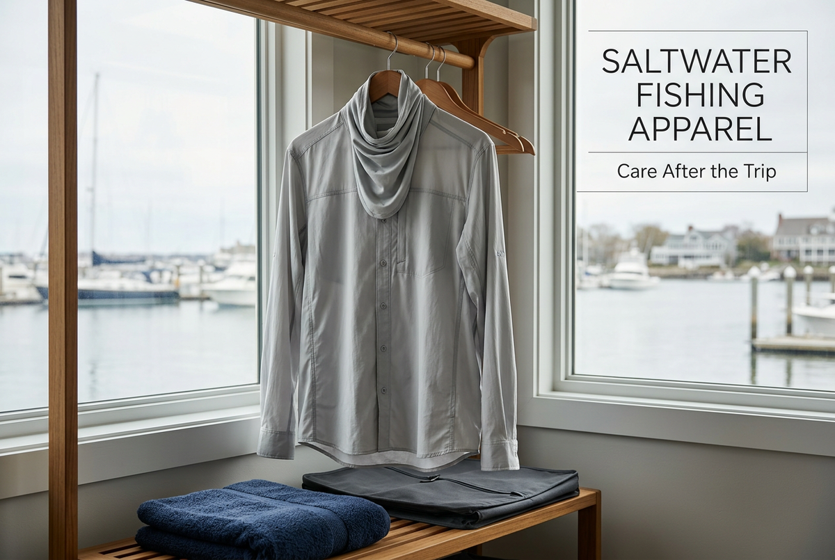 Saltwater Fishing Apparel cover showing a generic long-sleeve neck-gaiter shirt hanging on a coastal utility rack above a towel and garment bag.