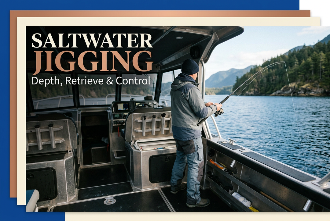 Saltwater Jigging cover showing an adult holding a generic spinning outfit inside a covered boat, with blue, copper and ivory editorial framing.