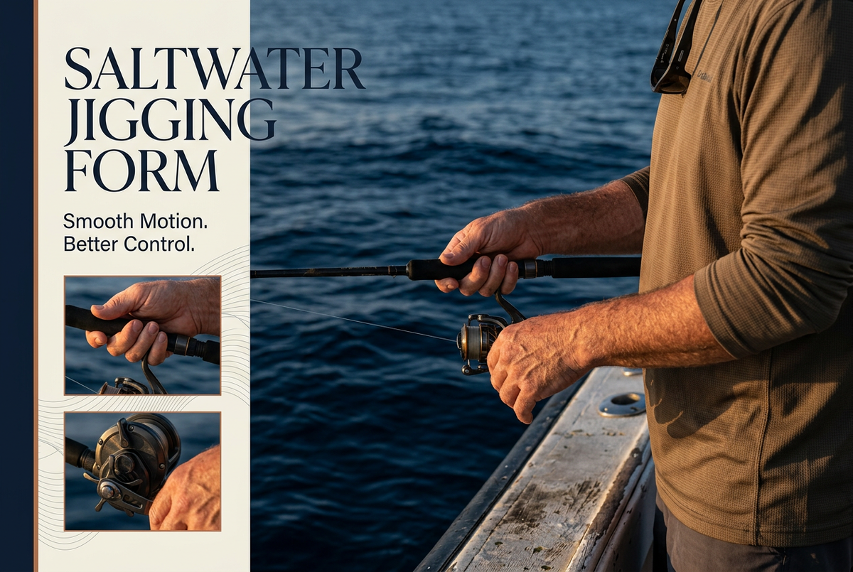 Saltwater jigging form guide showing an angler's grip and forearm beside a boat rail, with reel and hand detail insets.