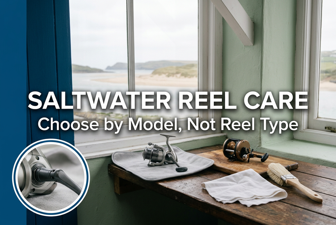 Saltwater Reel Care cover showing generic spinning and conventional reels, a folded cloth and brush on a sheltered bench, with a blurred shore outside and a handle-detail inset.