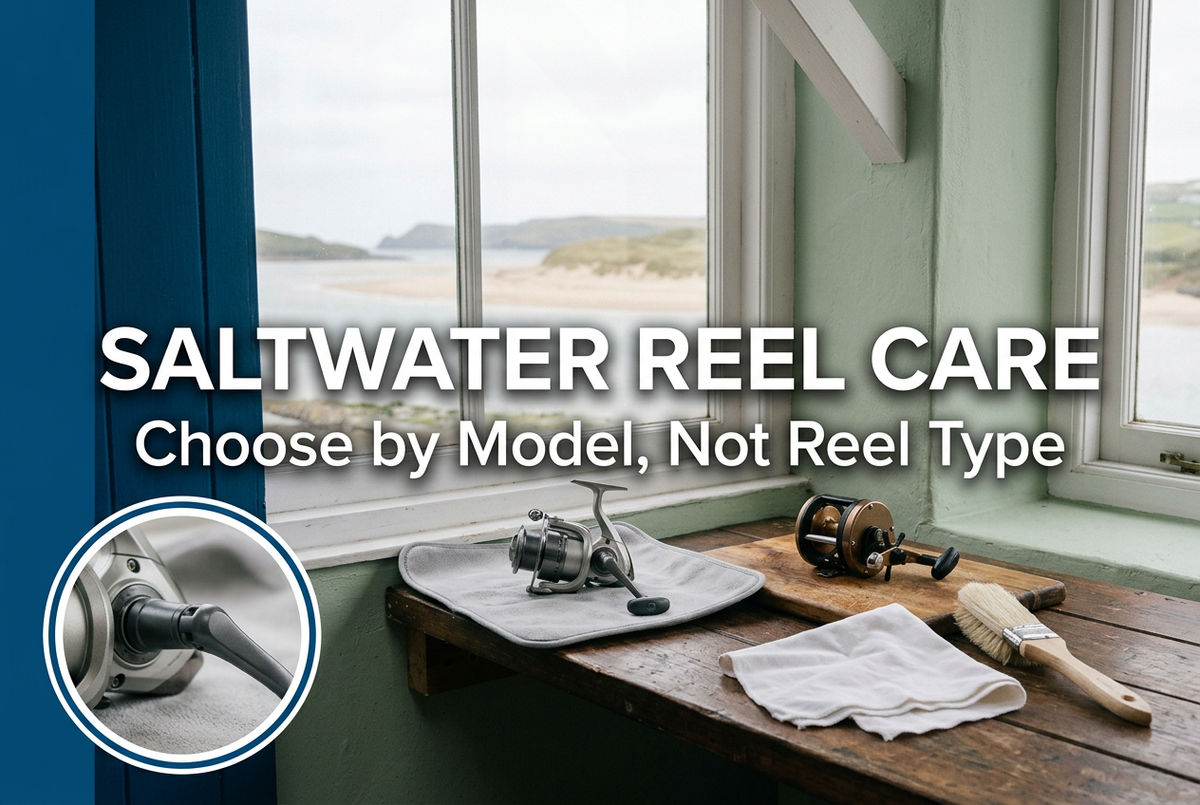 Saltwater Reel Care cover showing generic spinning and conventional reels, a folded cloth and brush on a sheltered bench, with a blurred shore outside and a handle-detail inset.