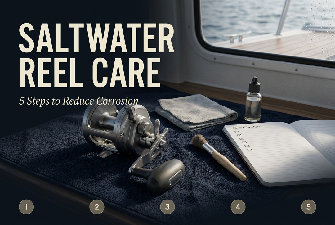 Saltwater reel care: five steps to reduce corrosion, with a jigging reel, cloth, brush and oil on a boat workbench.