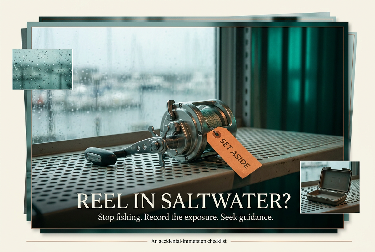 Photorealistic editorial illustration of a fishing reel tagged Set Aside on a ventilated shelf beside a rainy marina window, titled Reel in Saltwater?