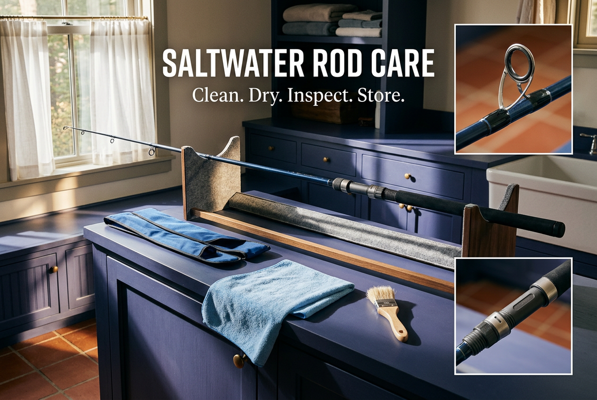 Supported fishing rod, cloth, soft brush and guide and reel-seat details in a terracotta and indigo room, titled Saltwater Rod Care: Clean Dry Inspect Store.