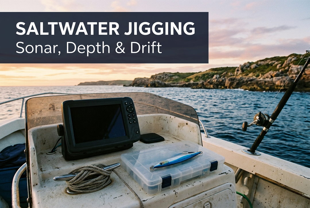 Saltwater Jigging cover showing a boat console with an unlit fishfinder screen, metal jig, rope and rod beside a rocky coastline.