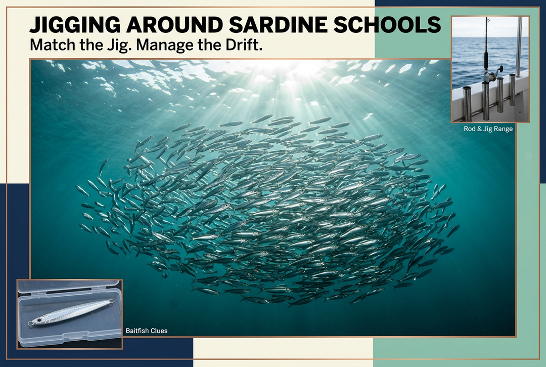 Silver baitfish schooling in teal water with rod and jig insets beneath the headline Jigging Around Sardine Schools.