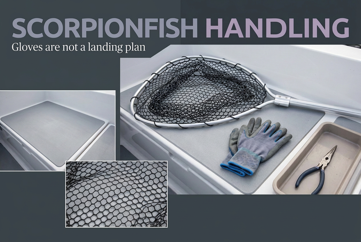 Empty landing net, ordinary fabric gloves and pliers on a boat work surface, headed Scorpionfish Handling: Gloves are not a landing plan.