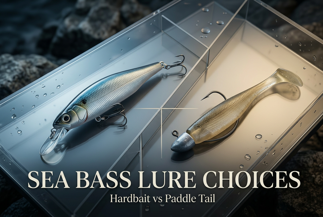 Sea Bass Lure Choices cover showing a minnow hardbait and a paddle-tail shad in a divided clear display with blue and gold lighting.