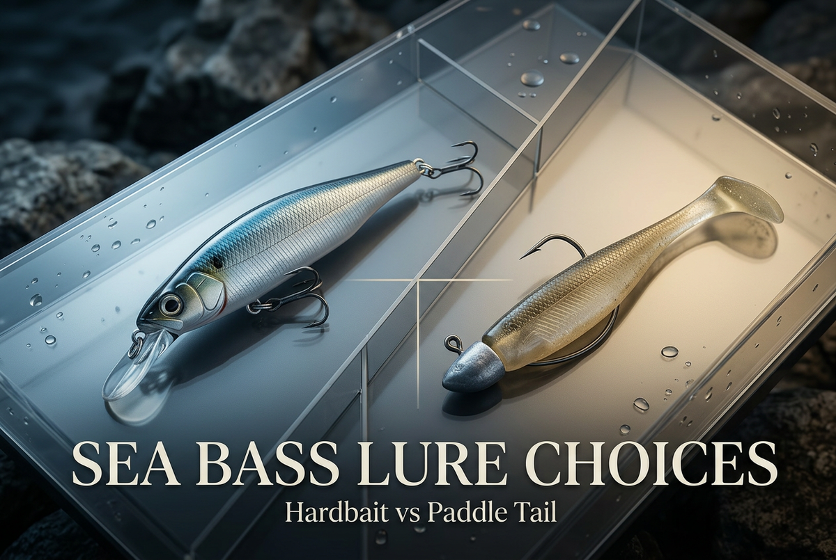Sea Bass Lure Choices cover showing a minnow hardbait and a paddle-tail shad in a divided clear display with blue and gold lighting.