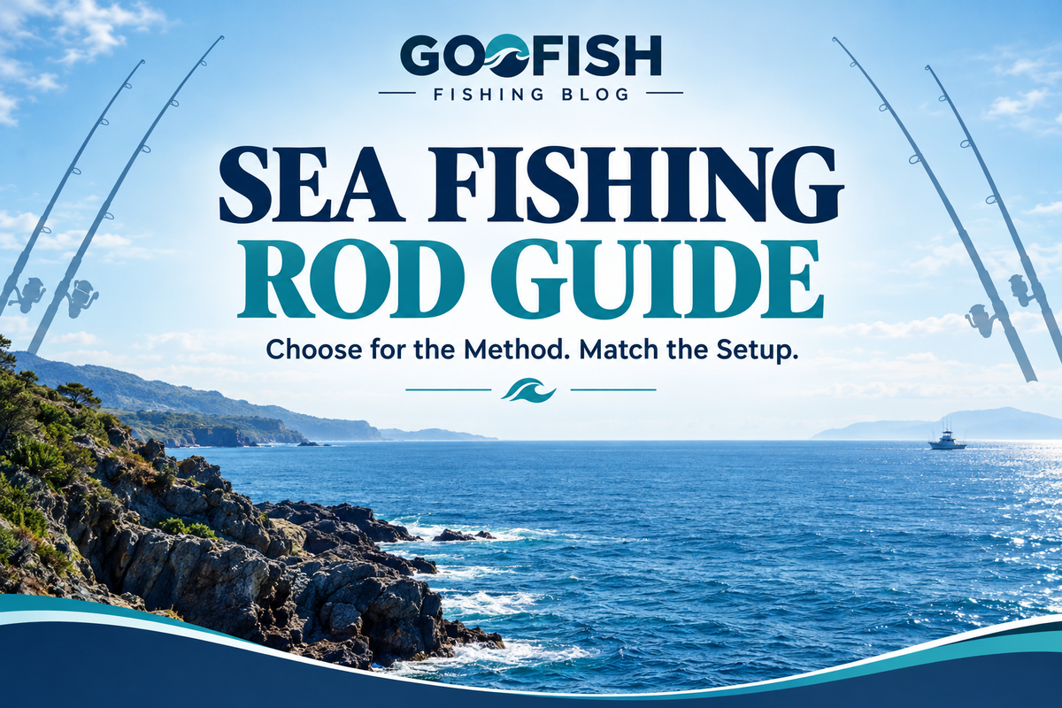 Sea Fishing Rod Guide cover showing a rocky saltwater coast, a distant boat and generic fishing rod silhouettes